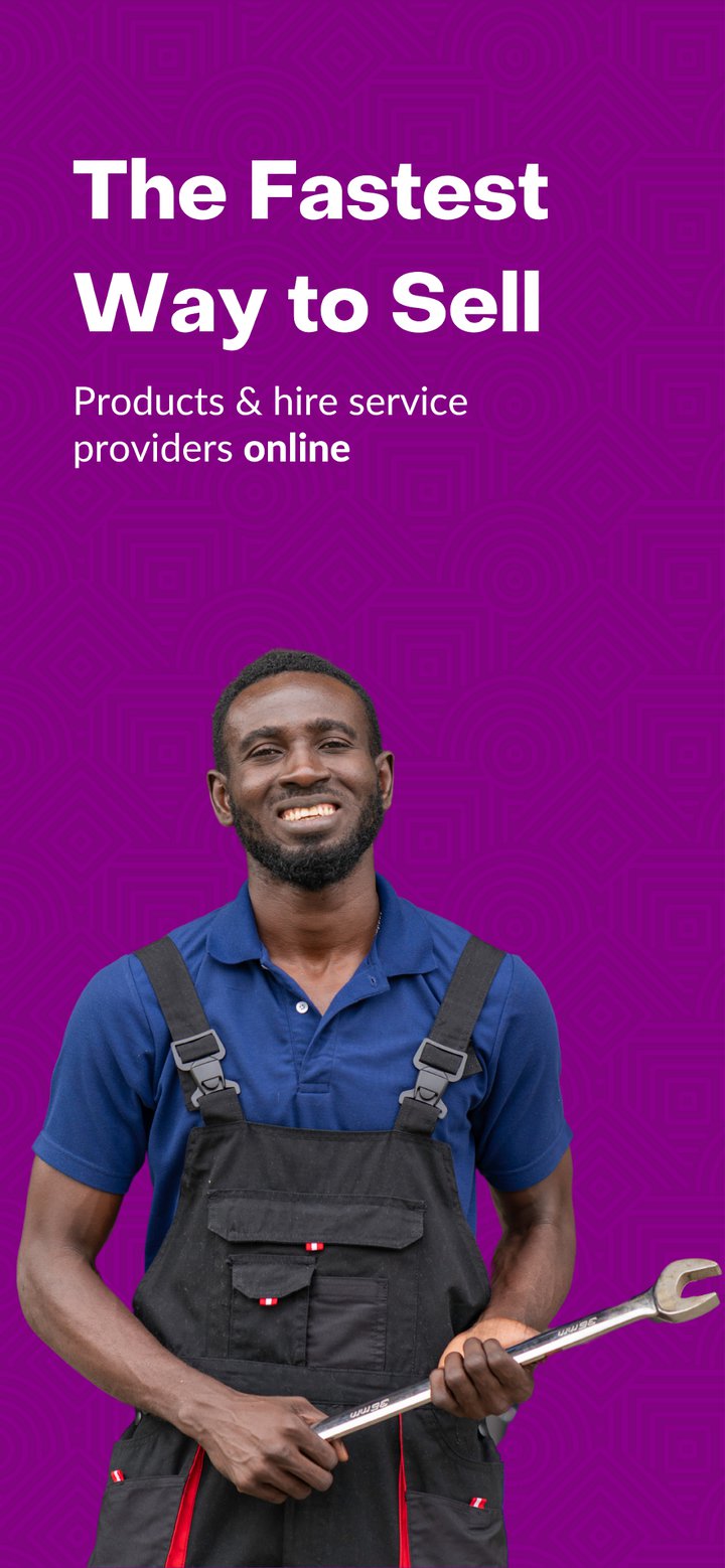 FixMe app store screen introducing selling products and hiring service providers online
