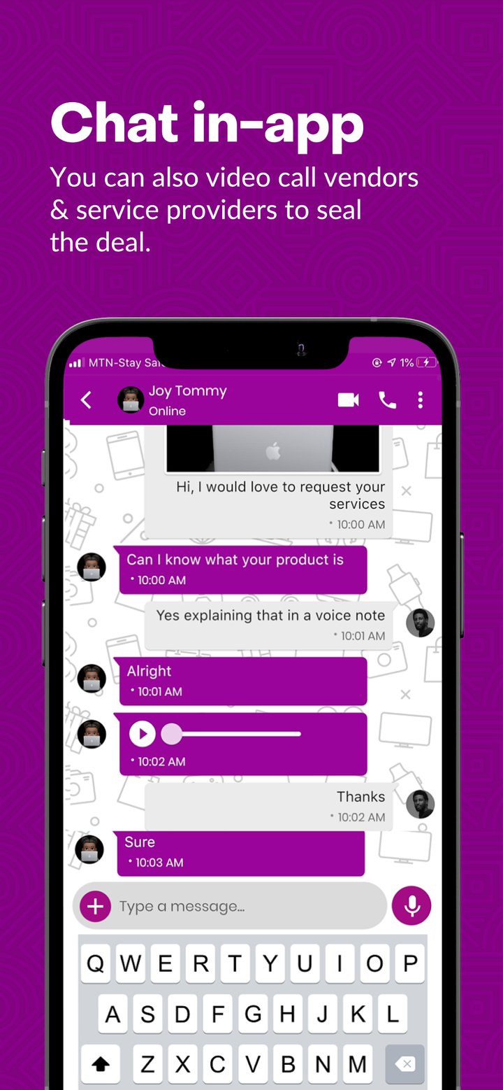 FixMe mobile screen showing in-app chat between a customer and a service provider