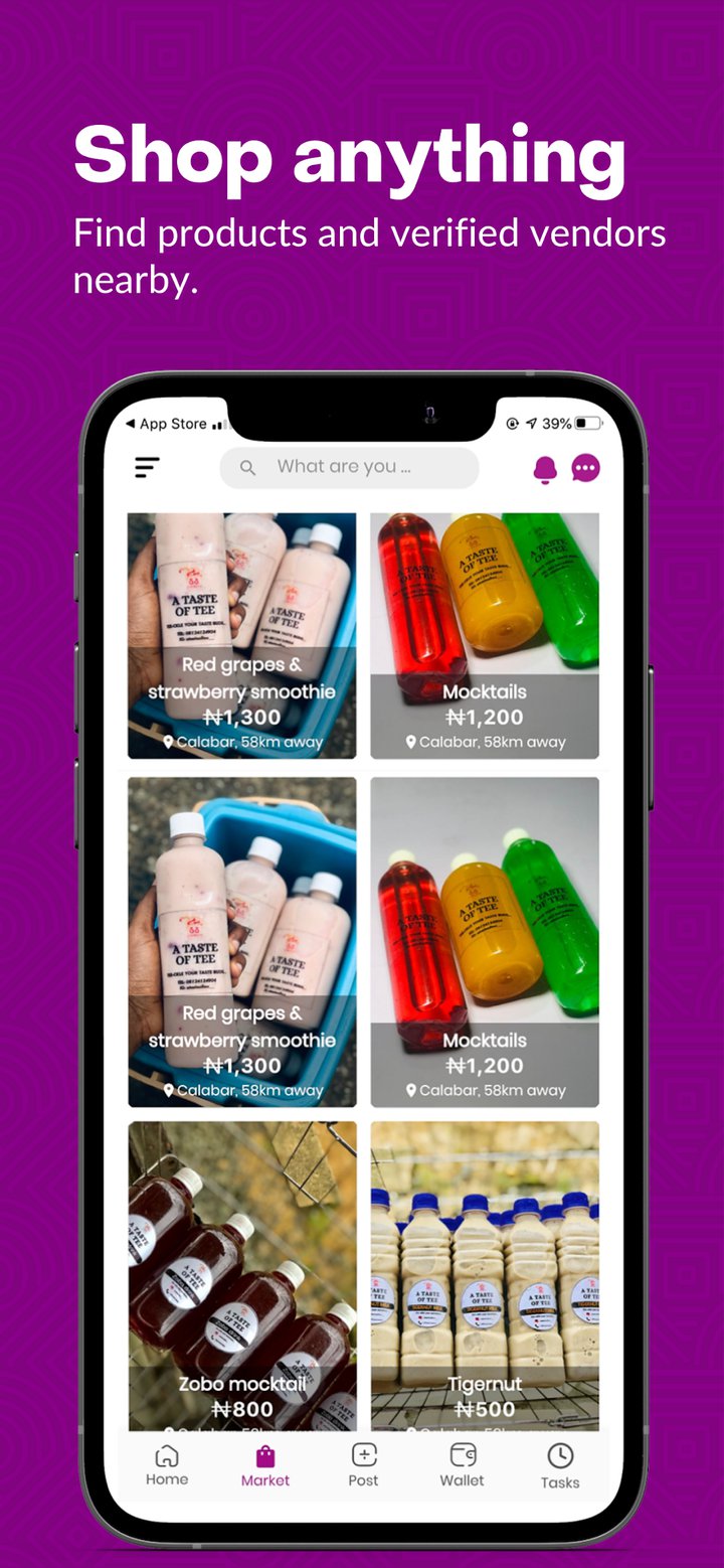FixMe mobile screen showing nearby products and verified vendors with location distance