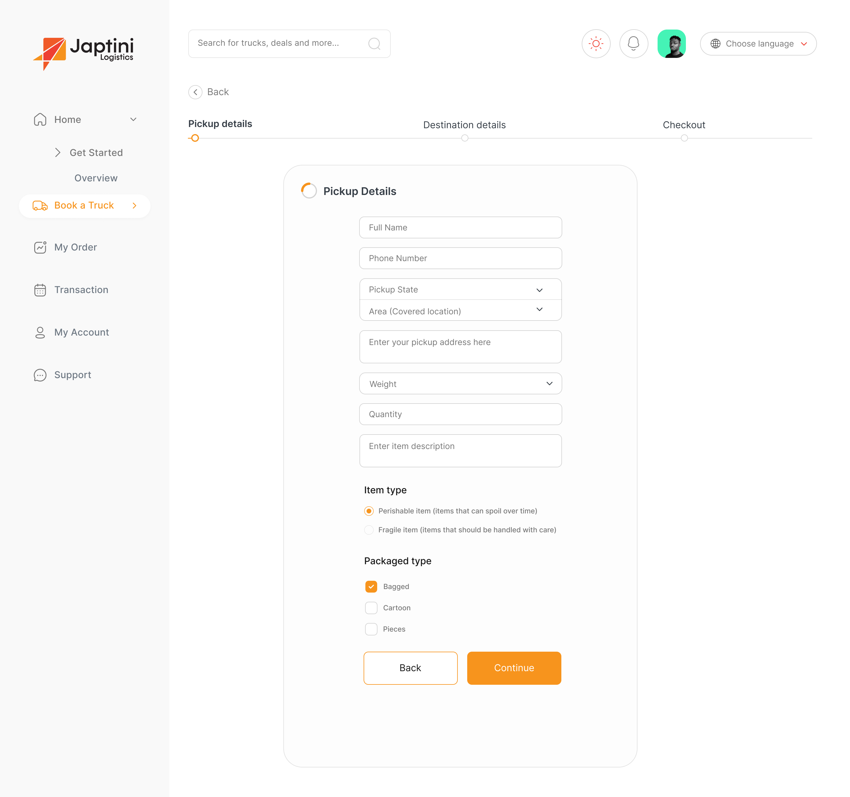 Customer truck booking interface