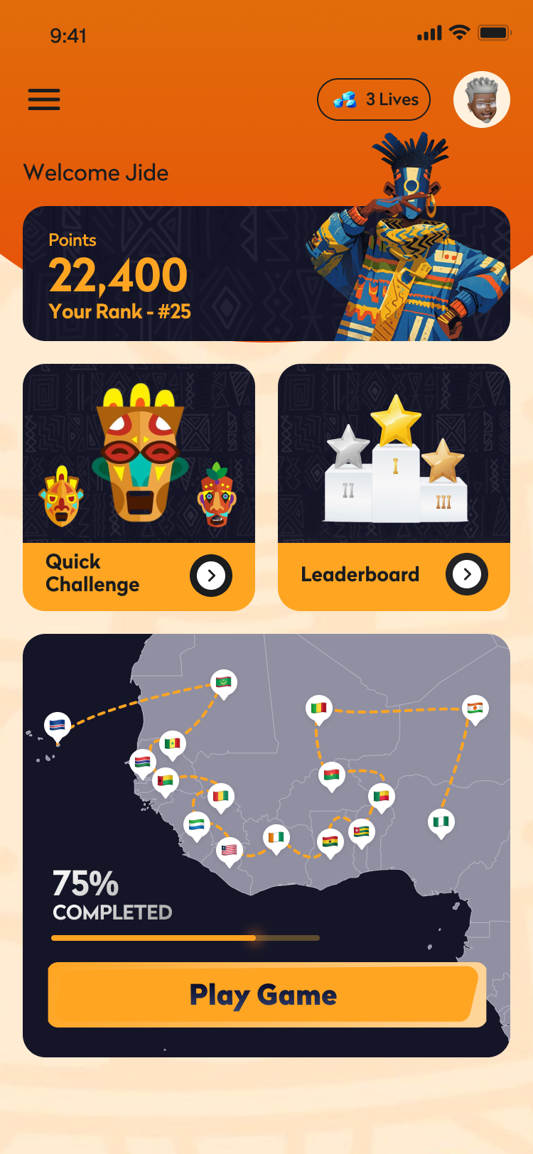Fifty-Fifty landing dashboard with map progress