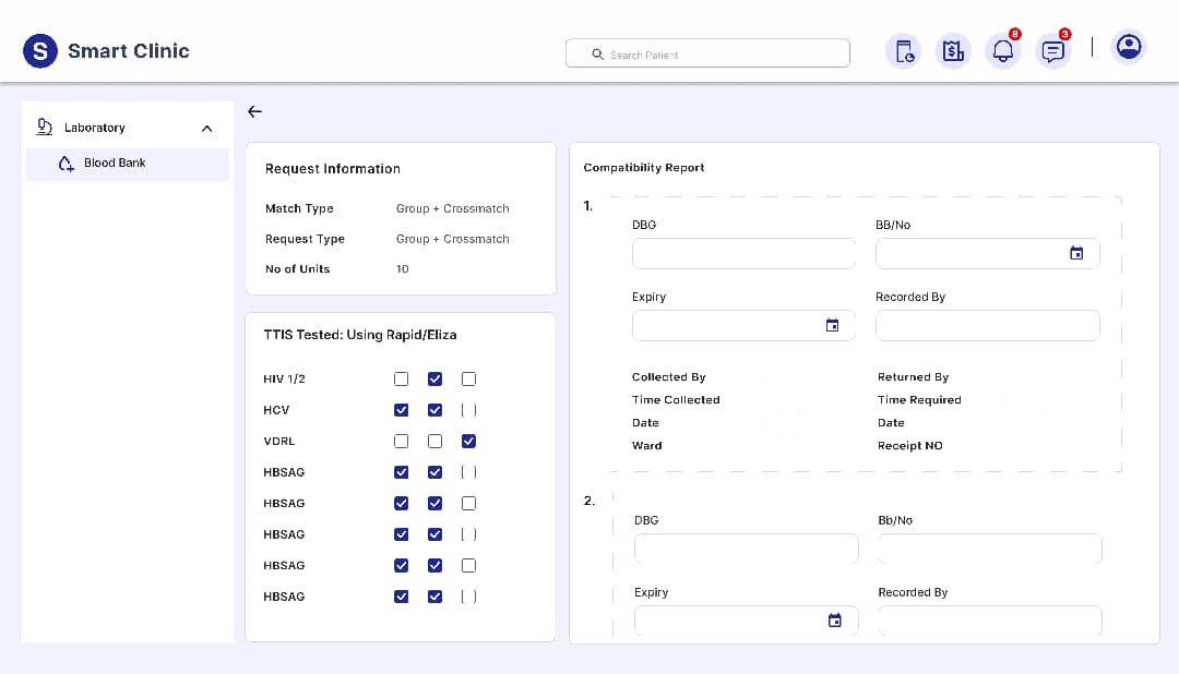 Sanitized blood-bank workflow showing compatibility testing and reporting