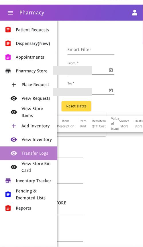Sanitized pharmacy inventory workflow showing transfer and stock-management functions